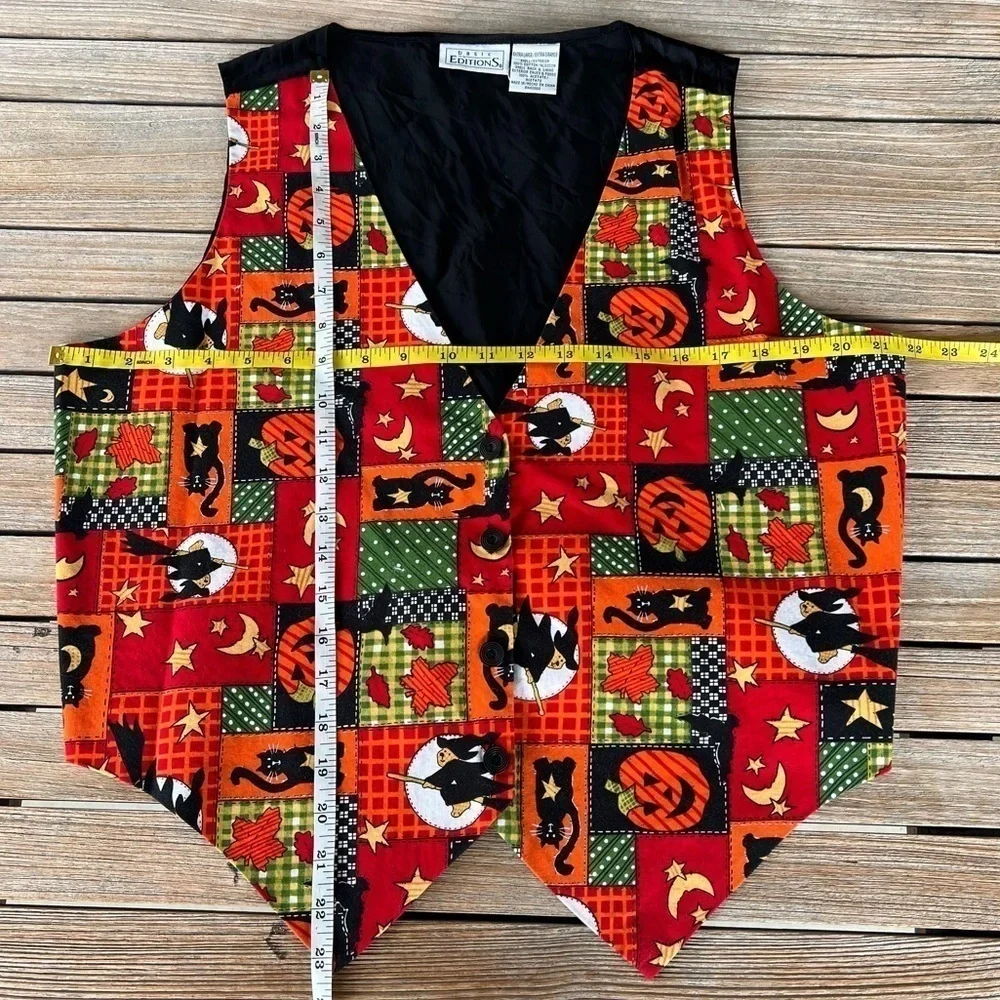 VTG Basic Editions Halloween Patchwork Vest Jack-O-Lantern Cats Witches XL GUC